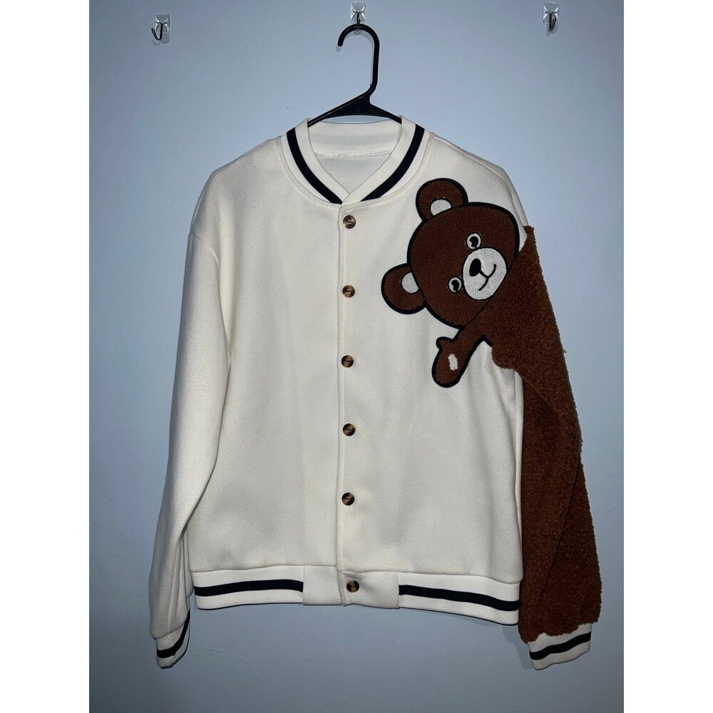 SHEIN White Crewneck Bear Patched Teddy Panel Varsity Sweater